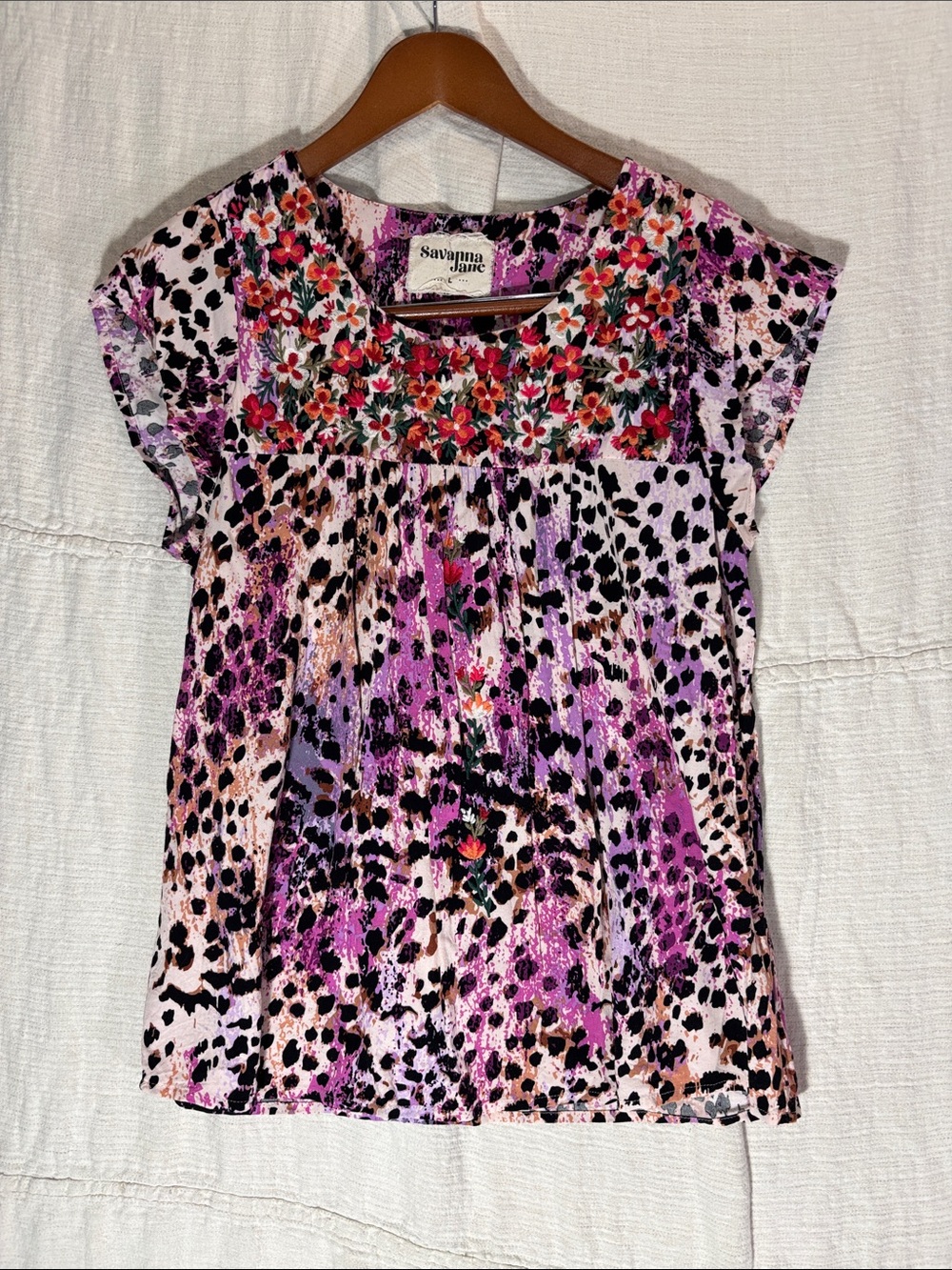 Savanna Jane Embroidered Boho Peasant Blouse Size Large Rayon EUC